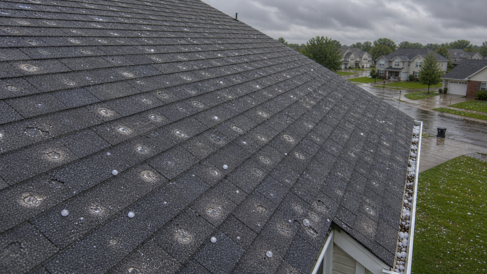 Hail damage on a suburban roof in Chicagoland